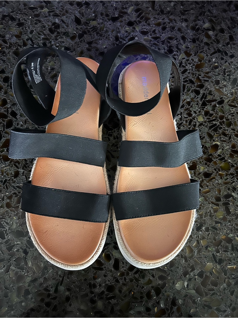 Madden Girl Black Strappy Elastic Sandals with Tan Footbed